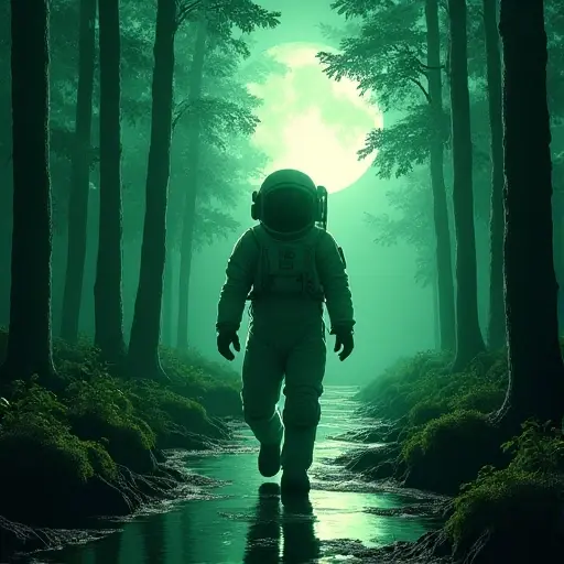 یک فضانورد که در یک جنگل سرسبز و بارانی زیر نور ماه قدم میزند، به سبک نقاشی دیجیتال